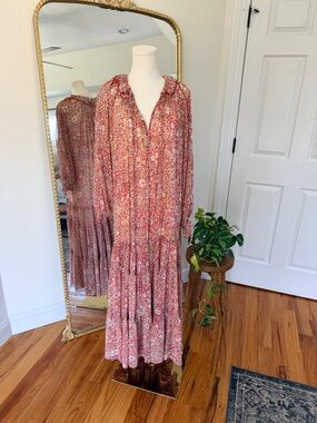 Free People Floral Maxi Dress Small Red Boho Long Sleeve Tiered
